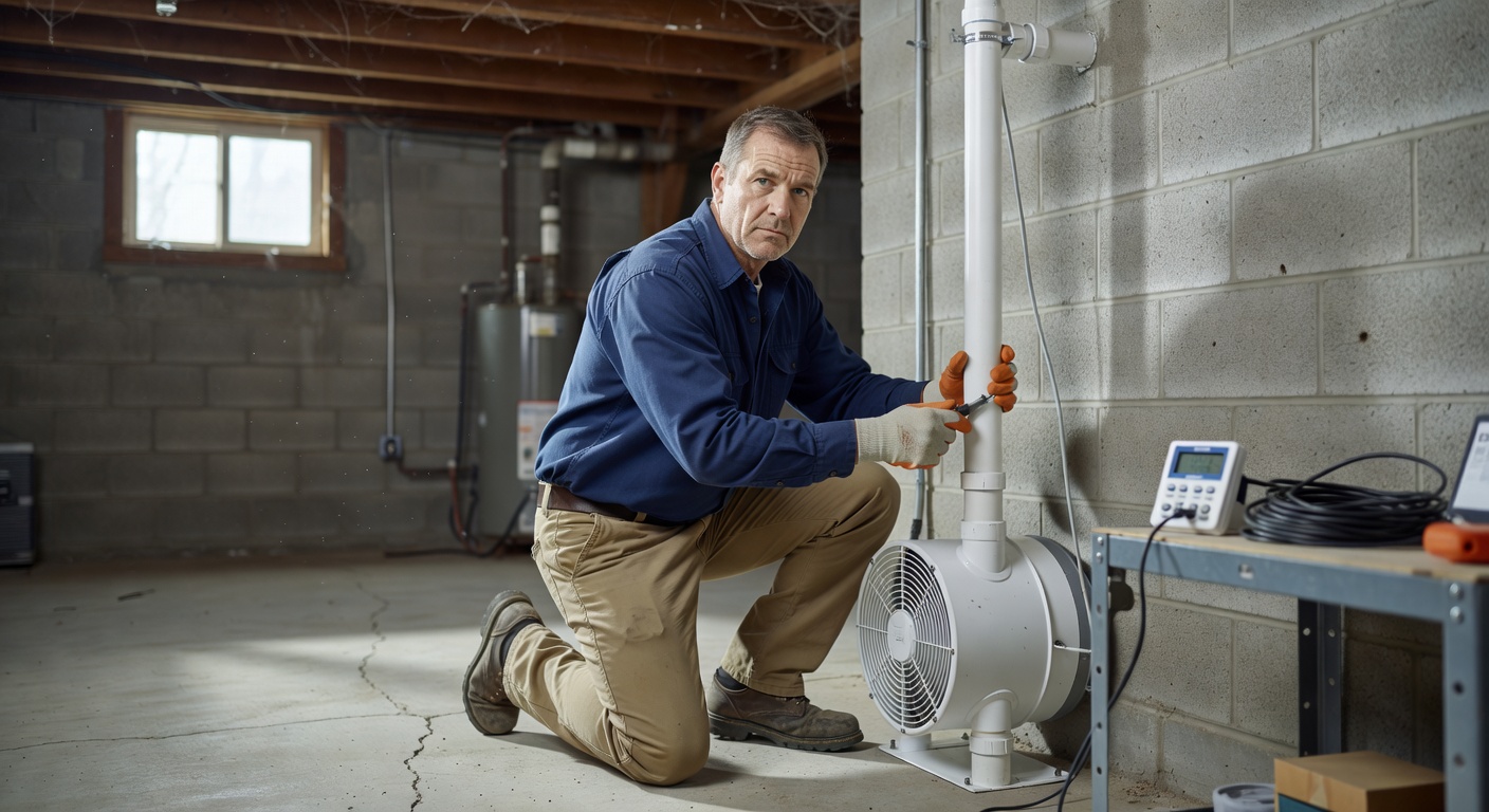 radon mitigation technician installing fan PVC pipe