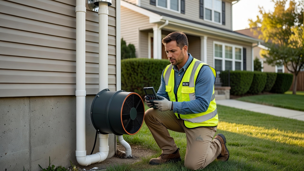 radon mitigation fan PVC pipe exterior home installation