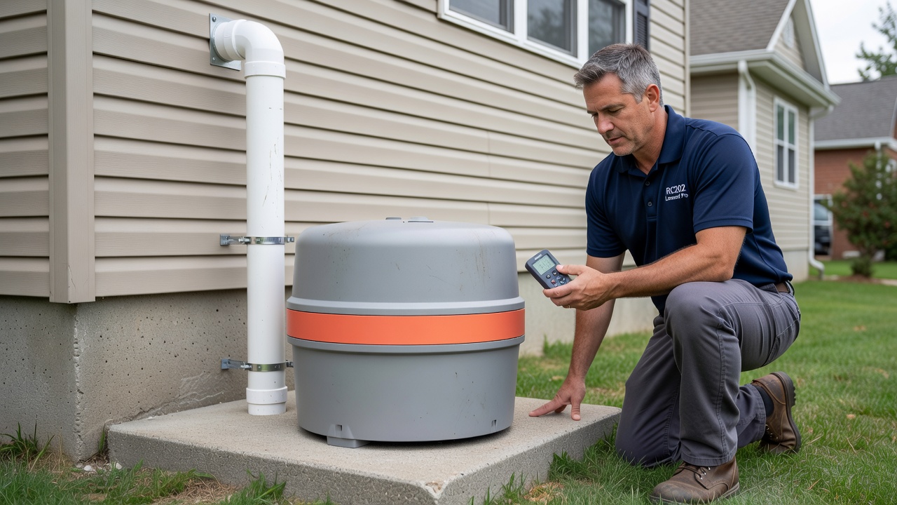 radon mitigation fan and PVC vent pipe exterior installation