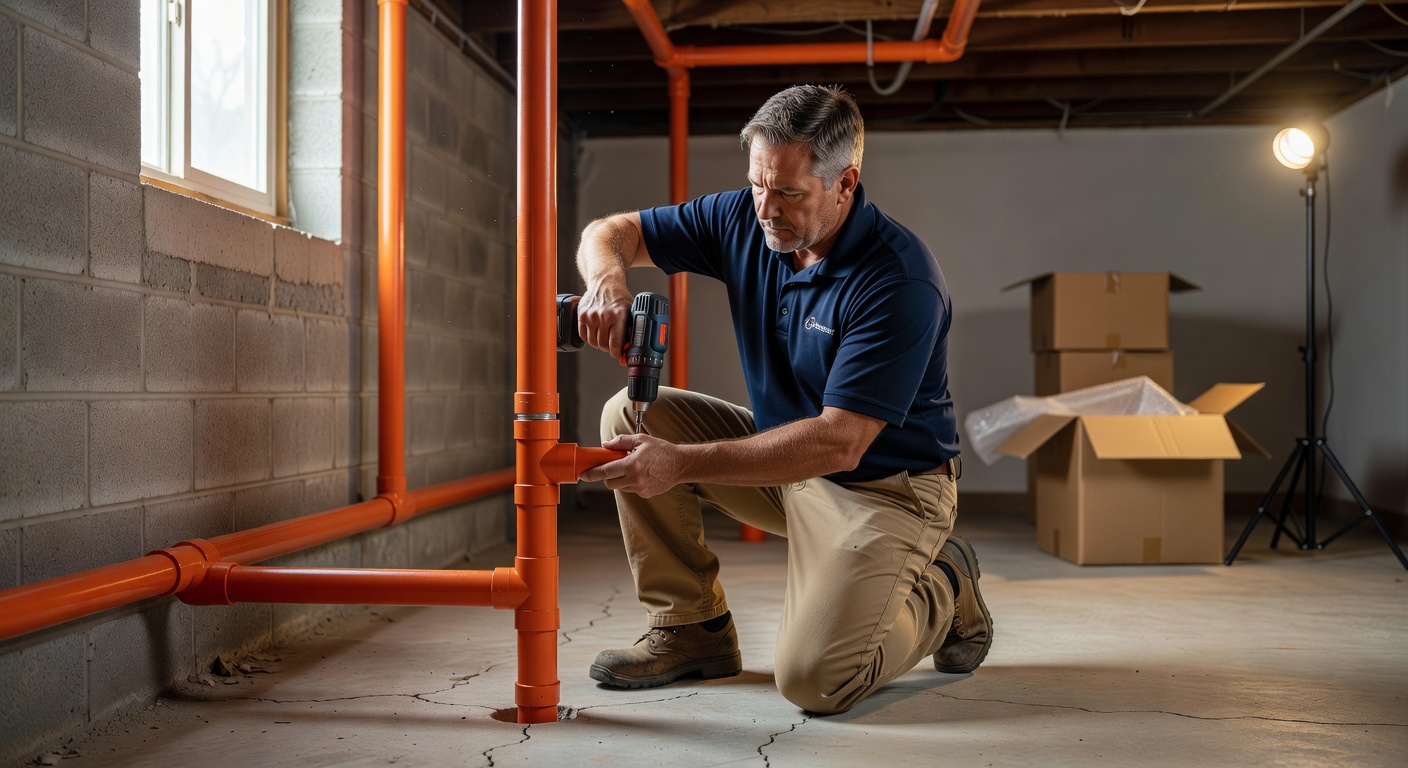 professional radon technician installing PVC mitigation pipe