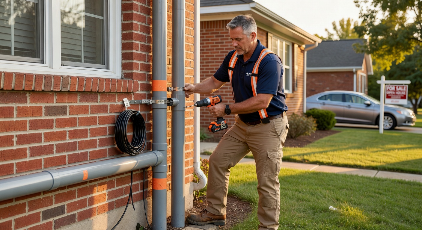 radon technician installing PVC vent pipe house exterior