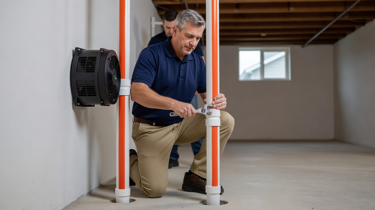 radon mitigation fan pipe installation basement