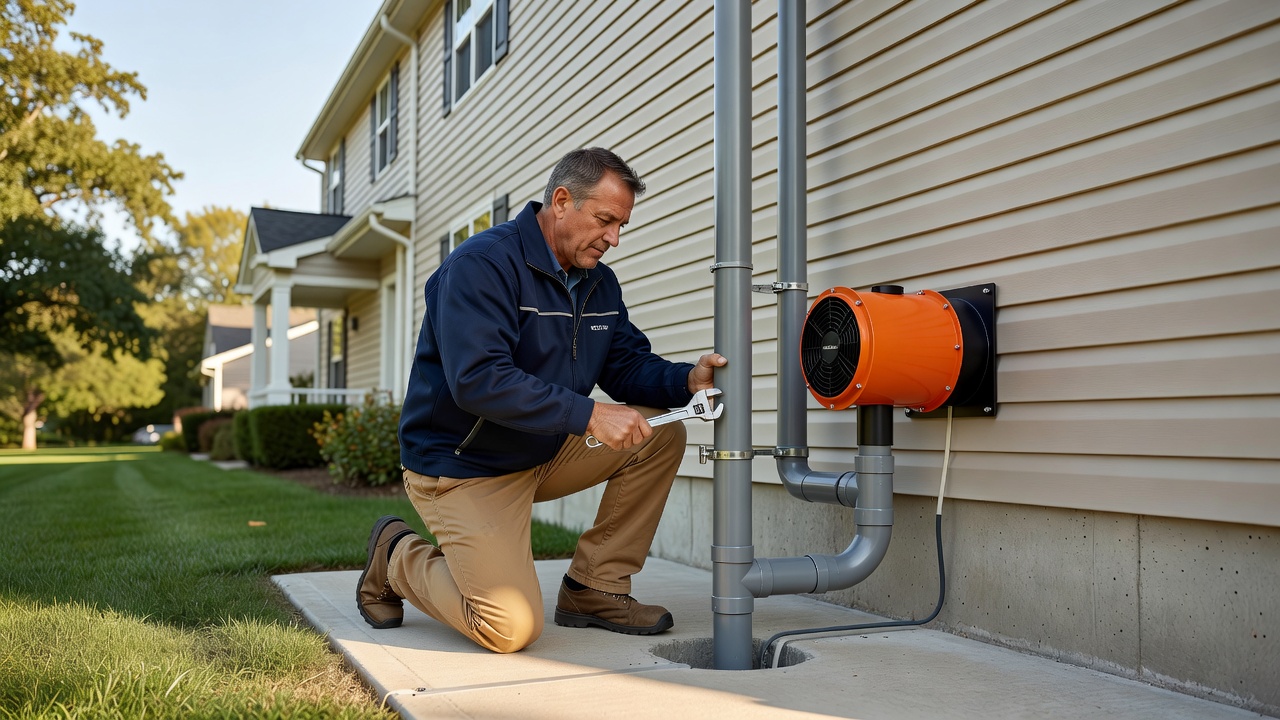 radon mitigation fan PVC pipe exterior installation