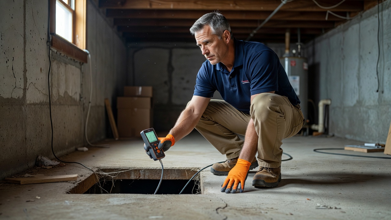 radon mitigation contractor inspecting basement crawl space
