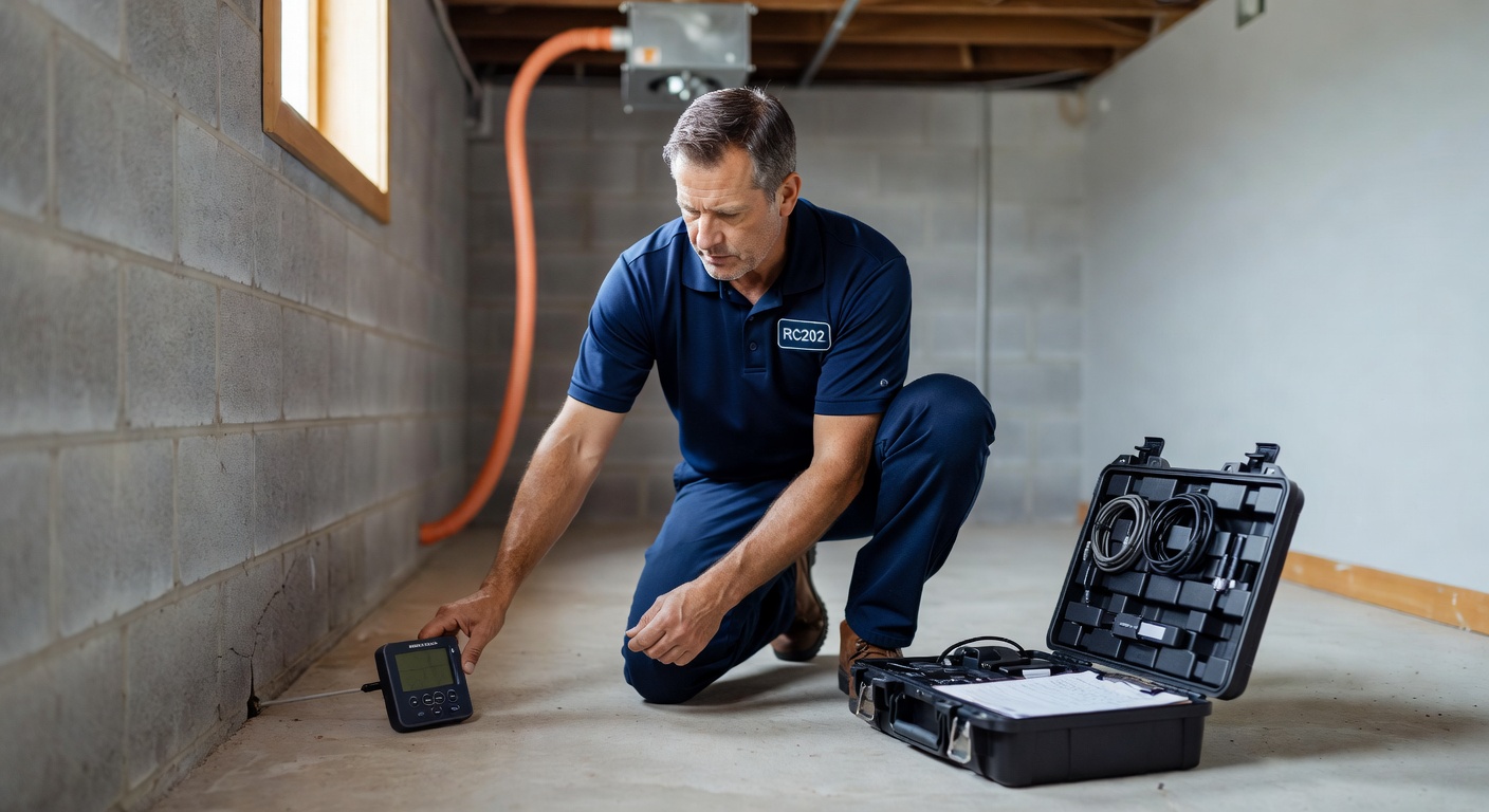radon test kit professional inspector measuring basement