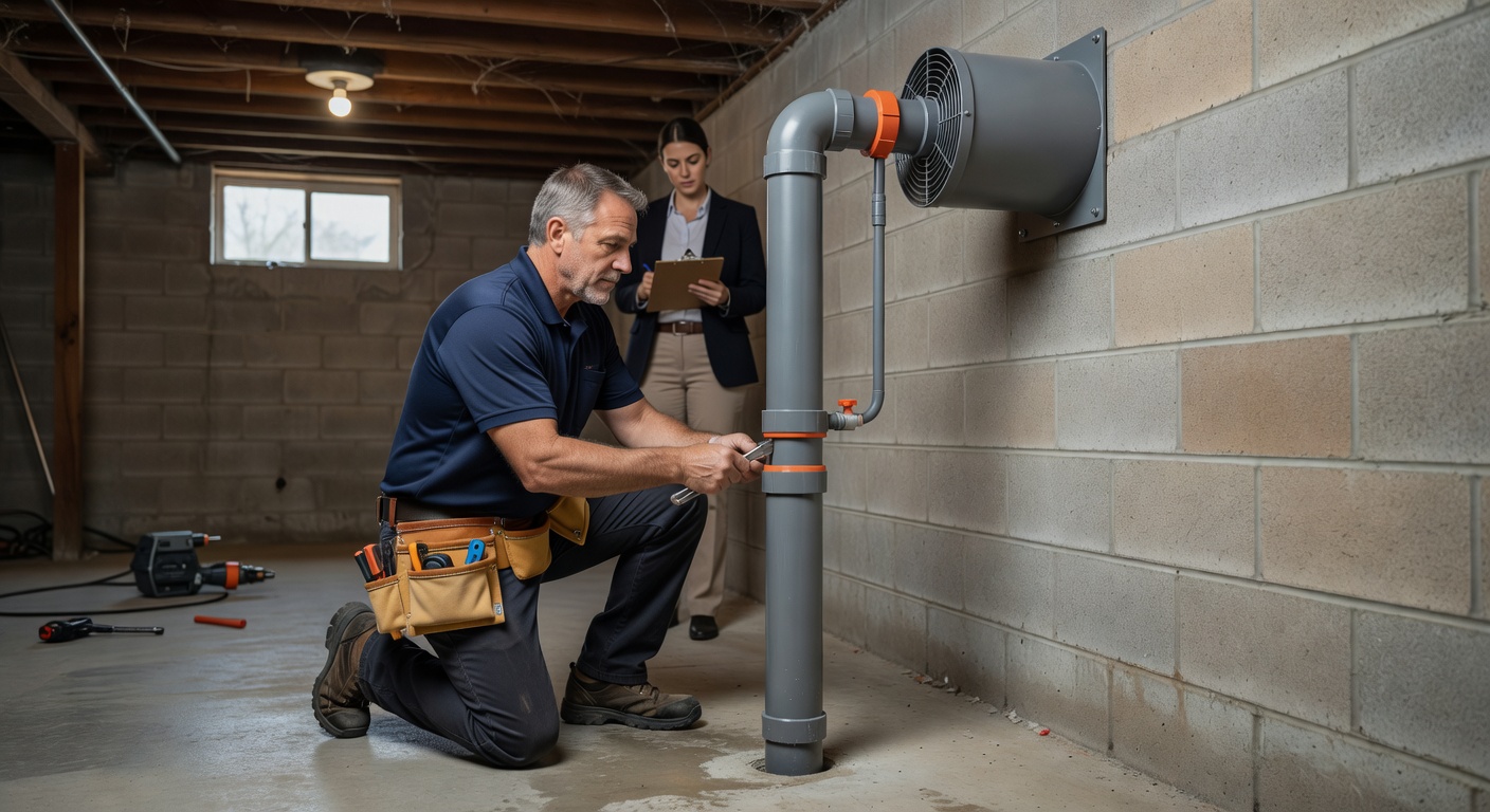 radon fan PVC pipe mitigation system basement