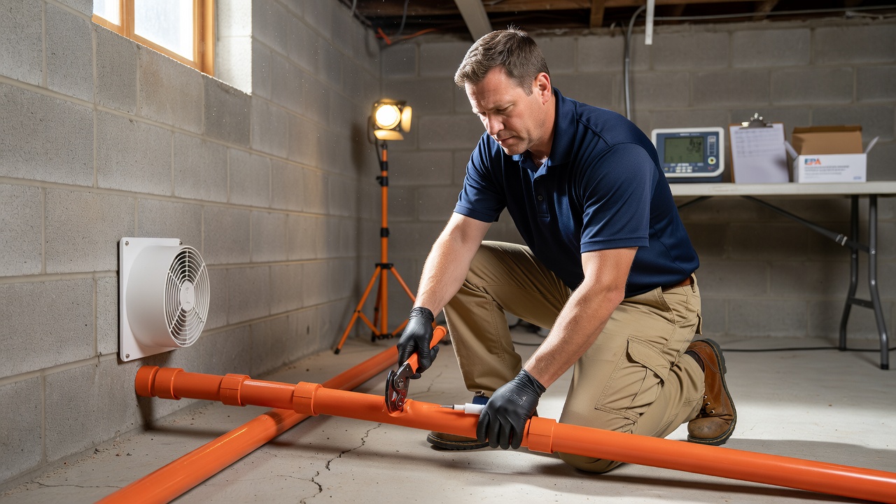 radon mitigation technician installing PVC pipe Westerville Ohio