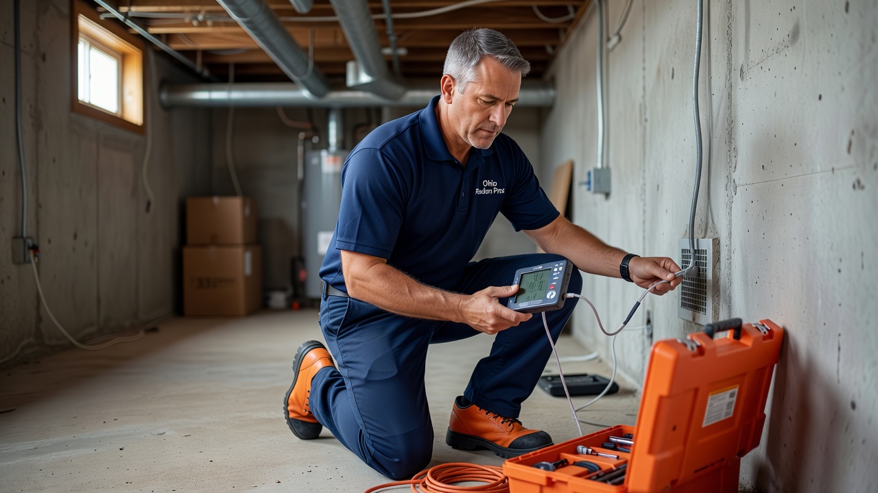 radon technician testing equipment Ohio basement