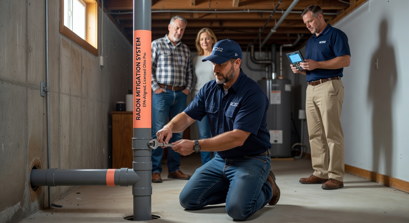 radon mitigation system pipe installation residential basement Ohio