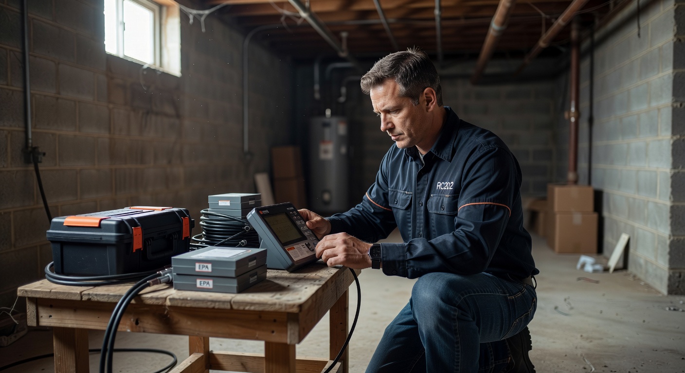 radon technician testing equipment Ohio basement