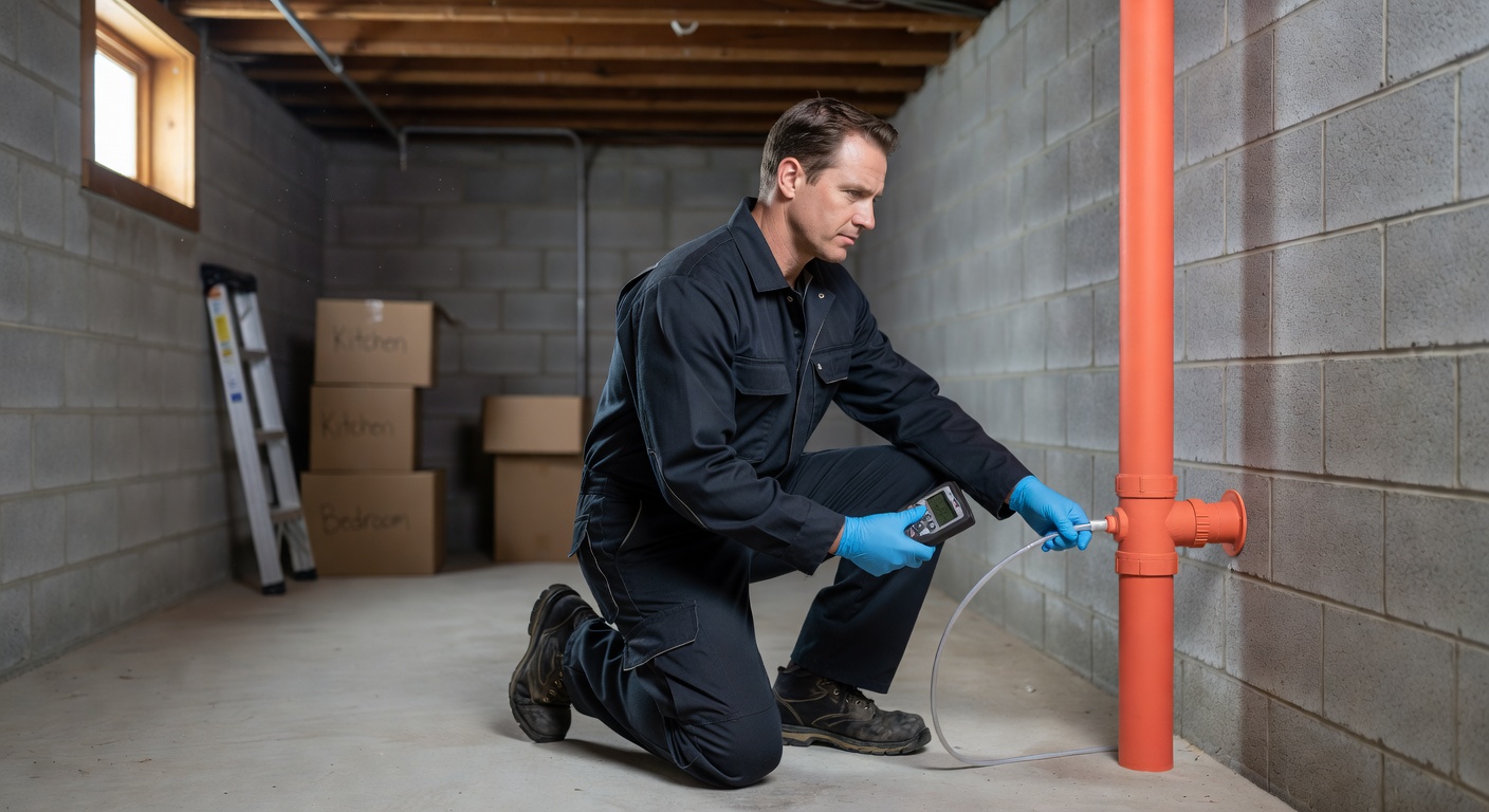 radon technician inspecting basement Ohio home