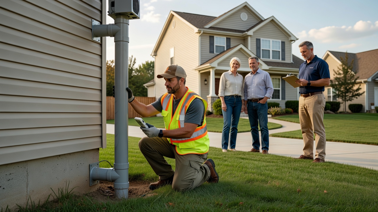radon mitigation pipe exterior installation suburban home