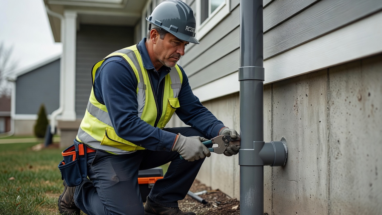 radon mitigation technician installing PVC pipe exterior home