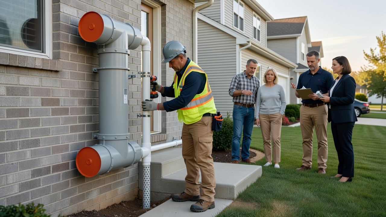 radon mitigation PVC pipe fan exterior installation