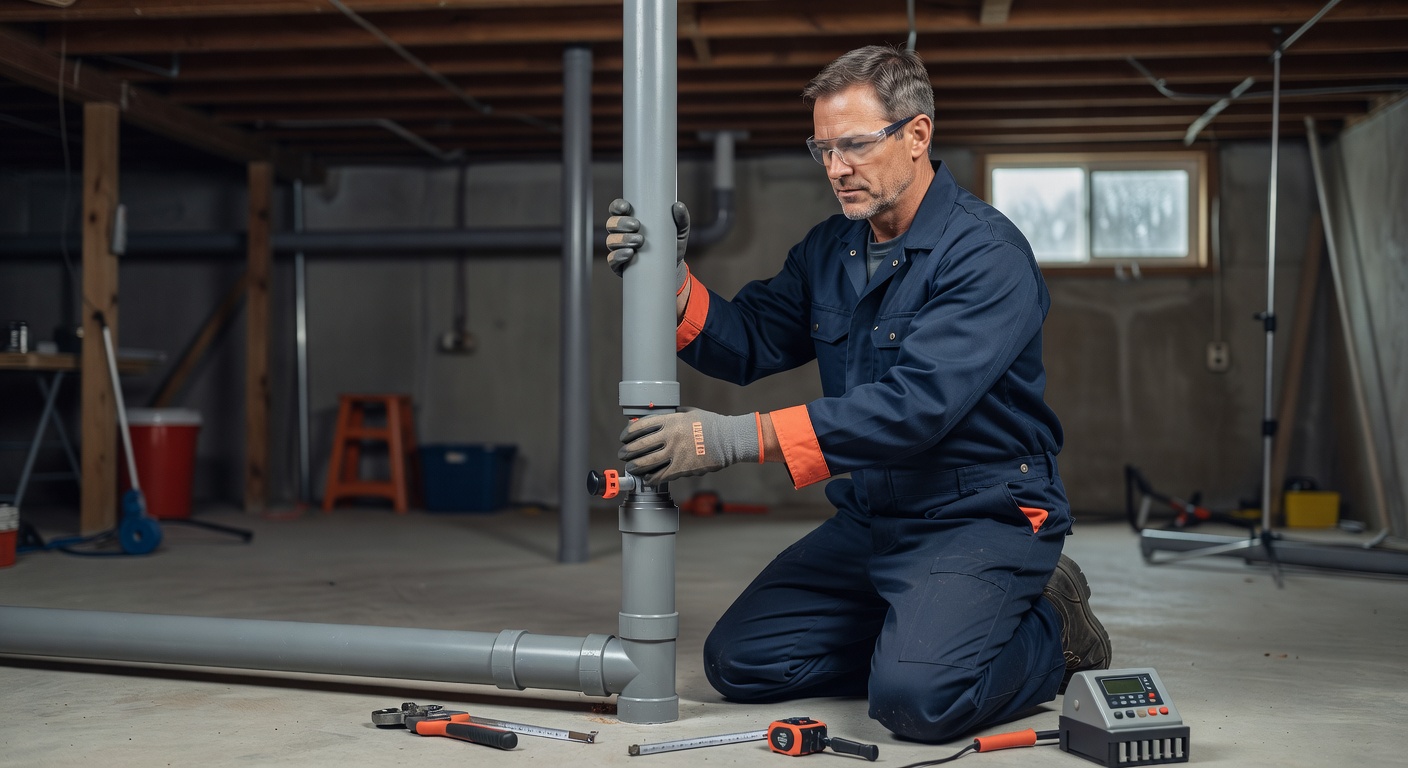 radon mitigation system PVC pipe basement installation