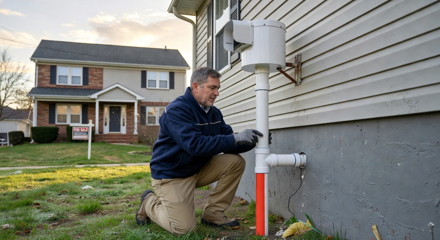 radon mitigation fan PVC pipe exterior wall installation