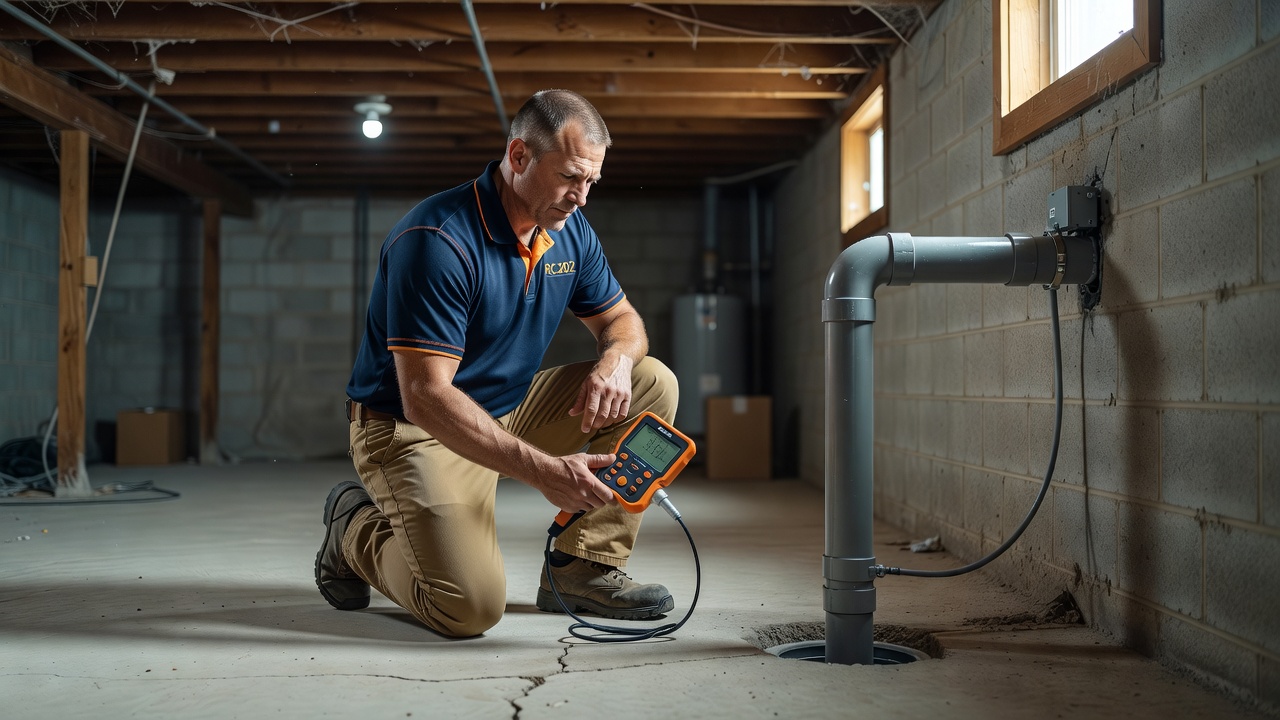 radon mitigation contractor inspecting basement Hopedale Ohio
