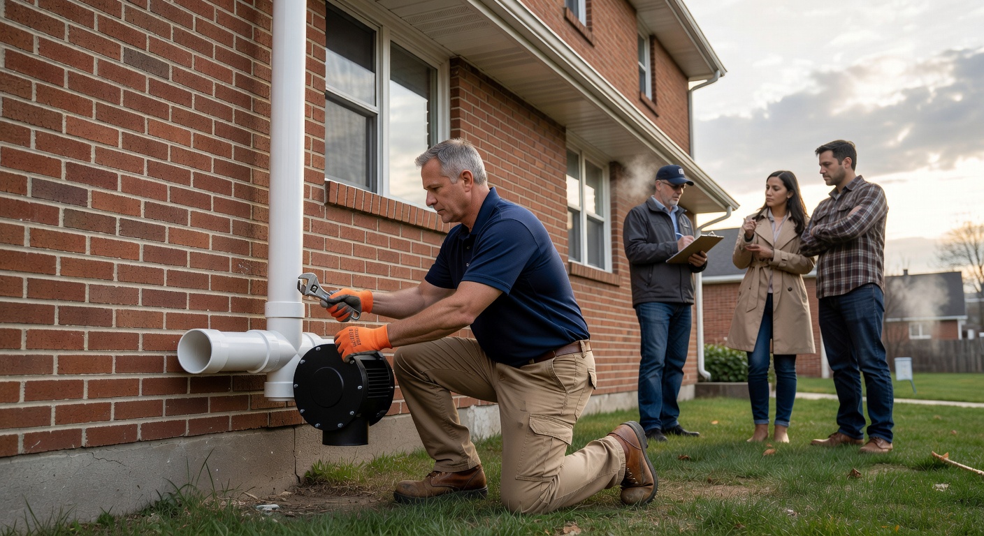 radon mitigation fan PVC pipe exterior Ohio house