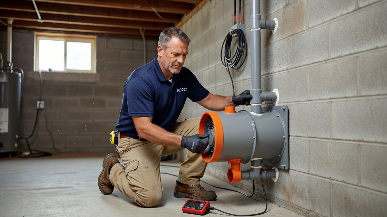 licensed radon technician installing mitigation fan Ohio home