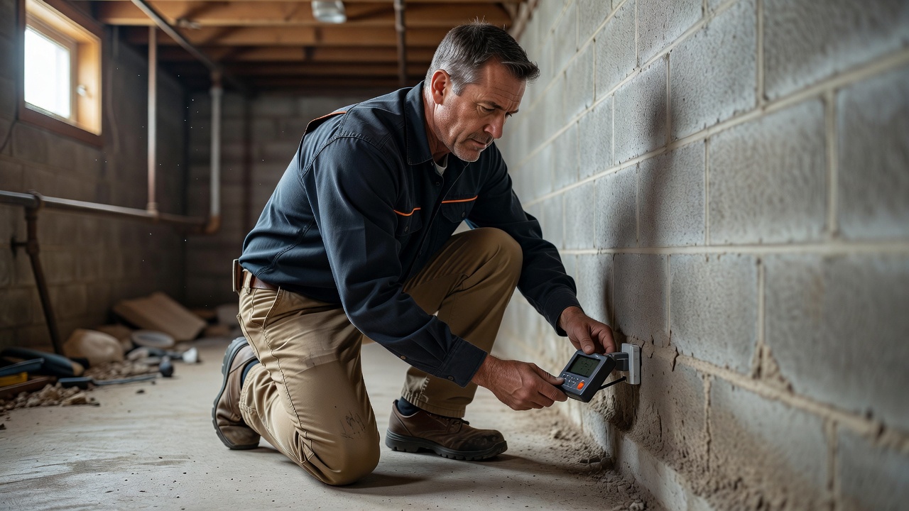 radon mitigation contractor inspecting basement foundation