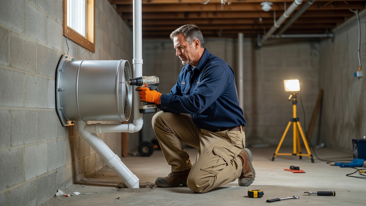 radon technician installing mitigation fan basement