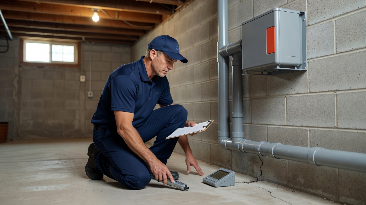 radon mitigation technician inspecting basement Ohio home