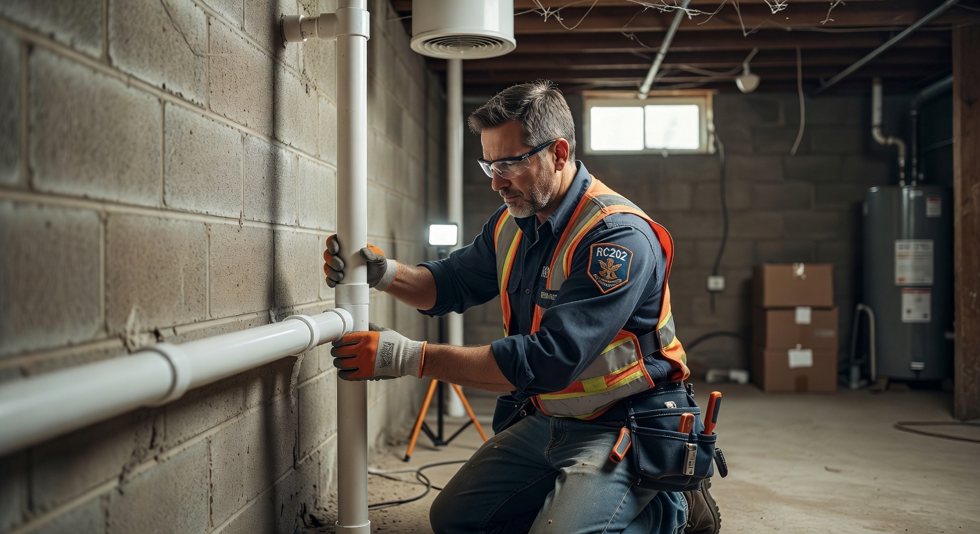 radon mitigation technician installing pvc pipe Ohio basement