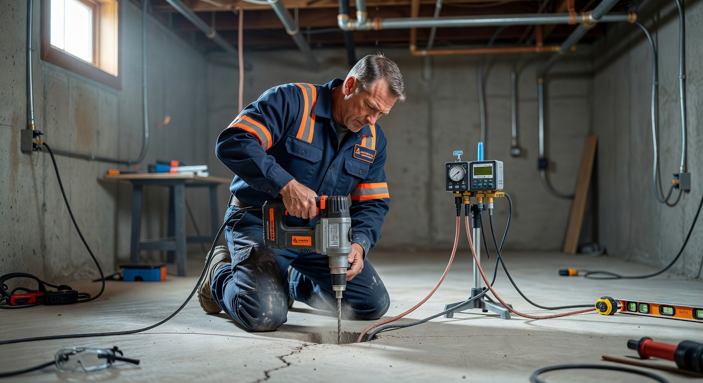 radon mitigation technician installing sub-slab depressurization basement