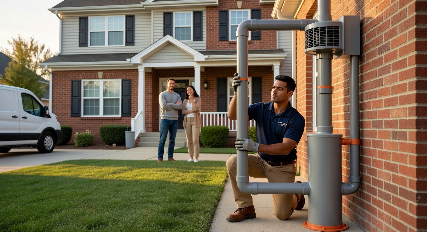 radon fan pvc pipe exterior installation suburban home