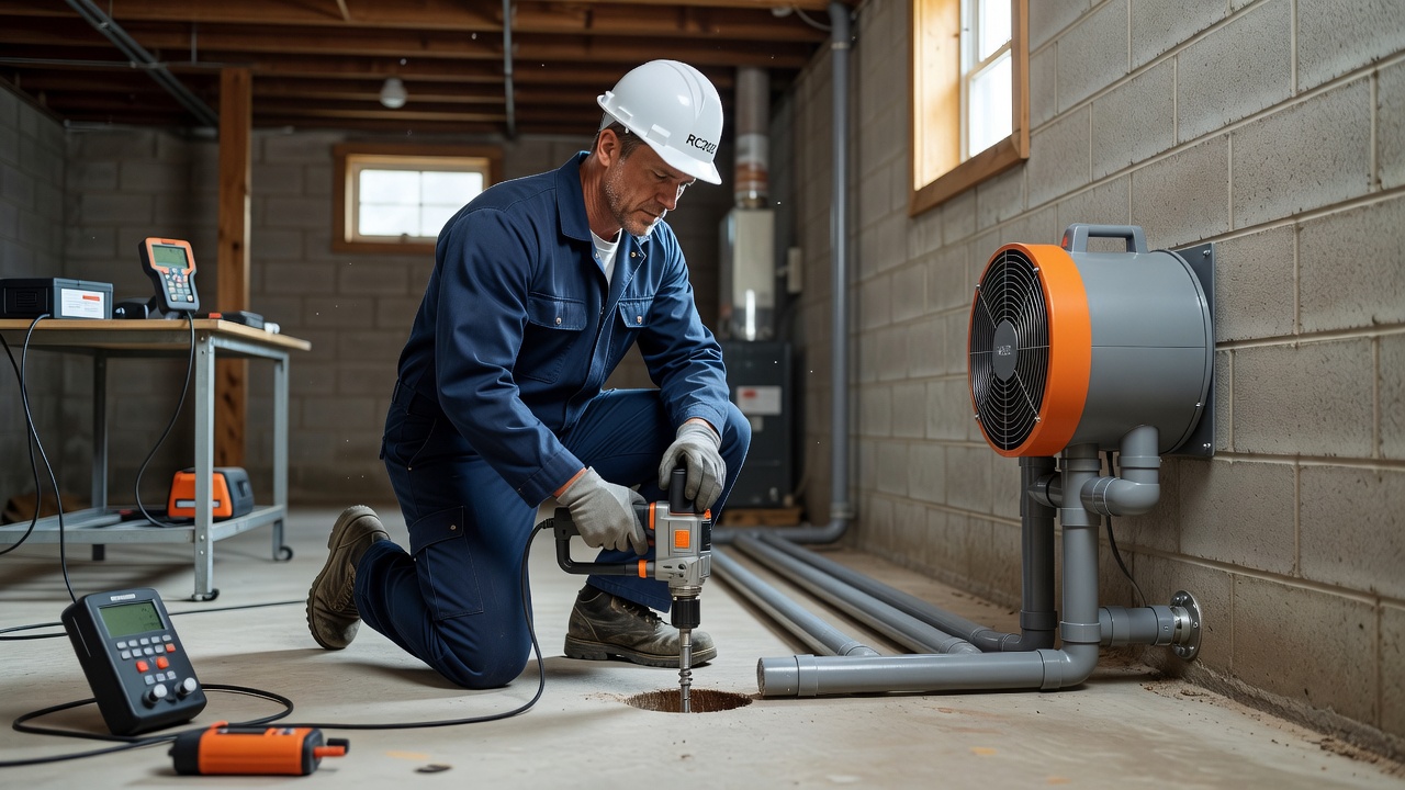 licensed radon mitigation technician installing sub-slab depressurization system basement