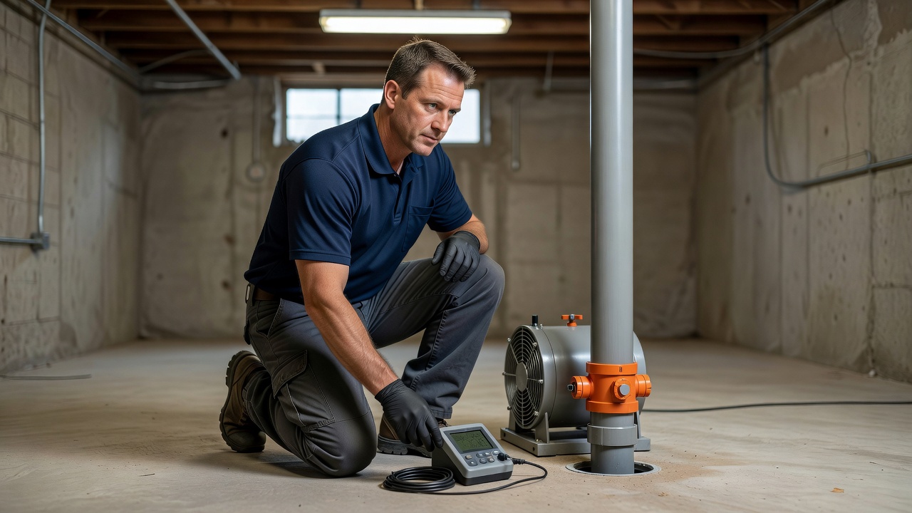 licensed radon technician inspecting basement Ohio home