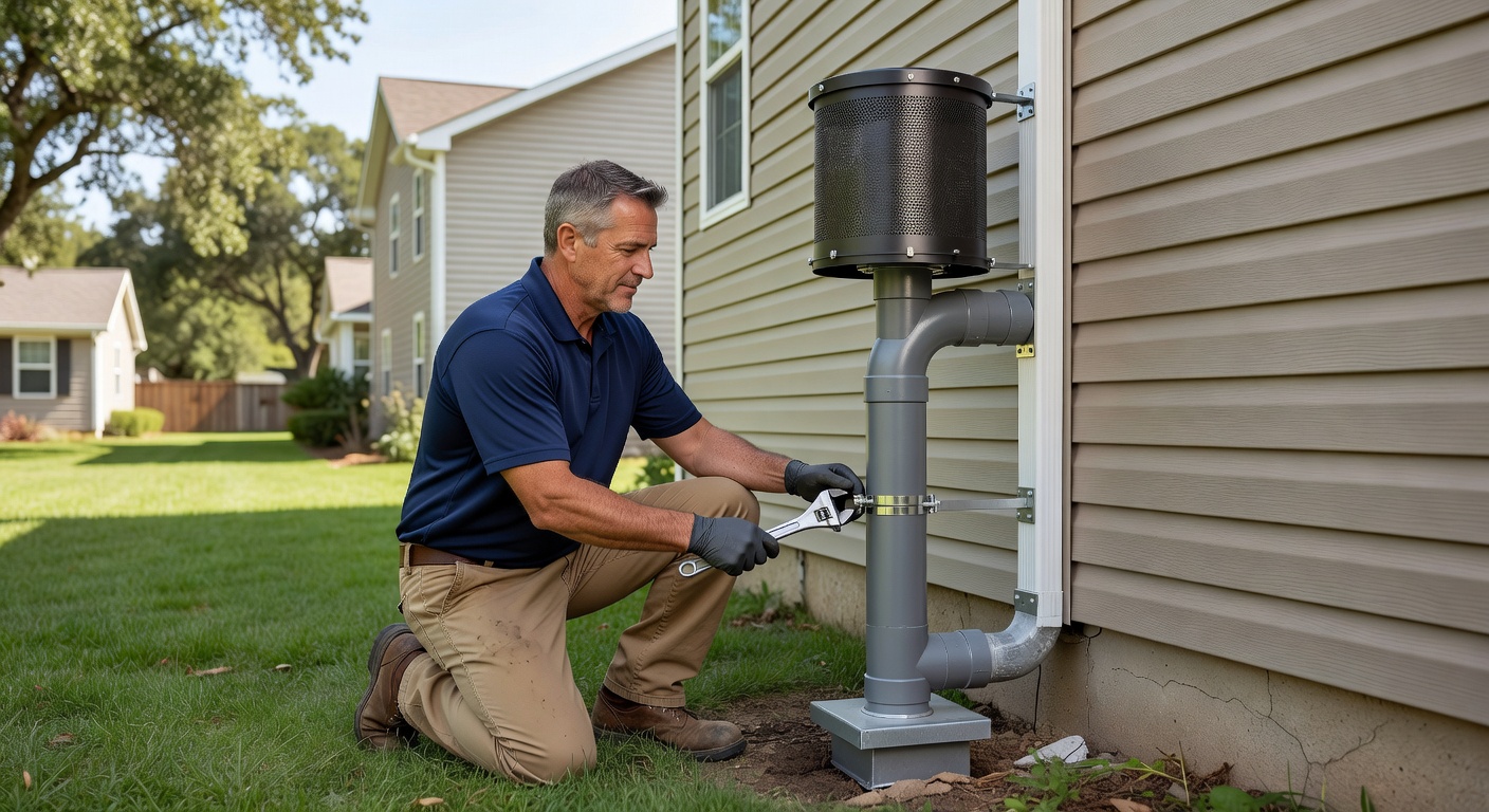 radon mitigation fan PVC pipe exterior house installation