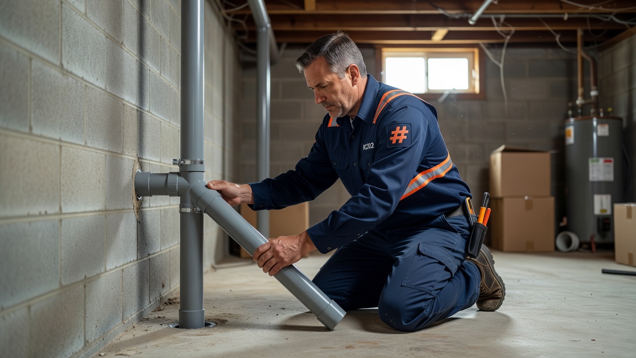 licensed radon technician installing PVC vent pipe basement