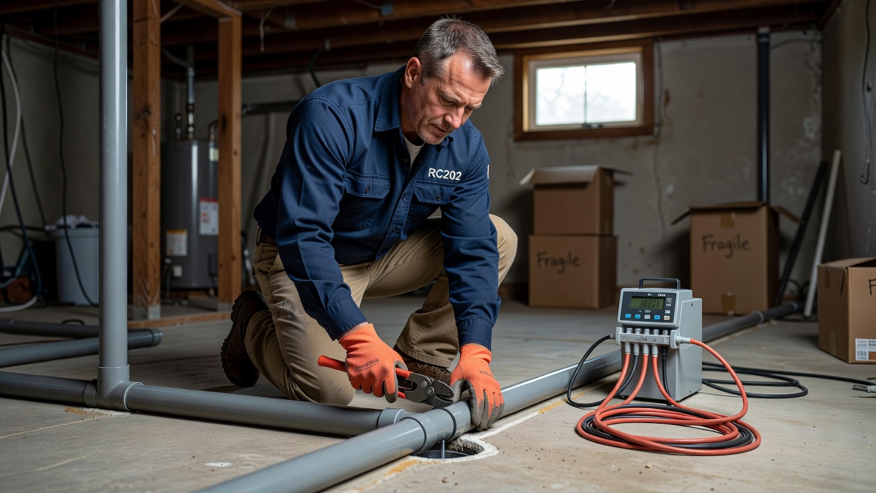 radon technician installing PVC mitigation pipe in basement