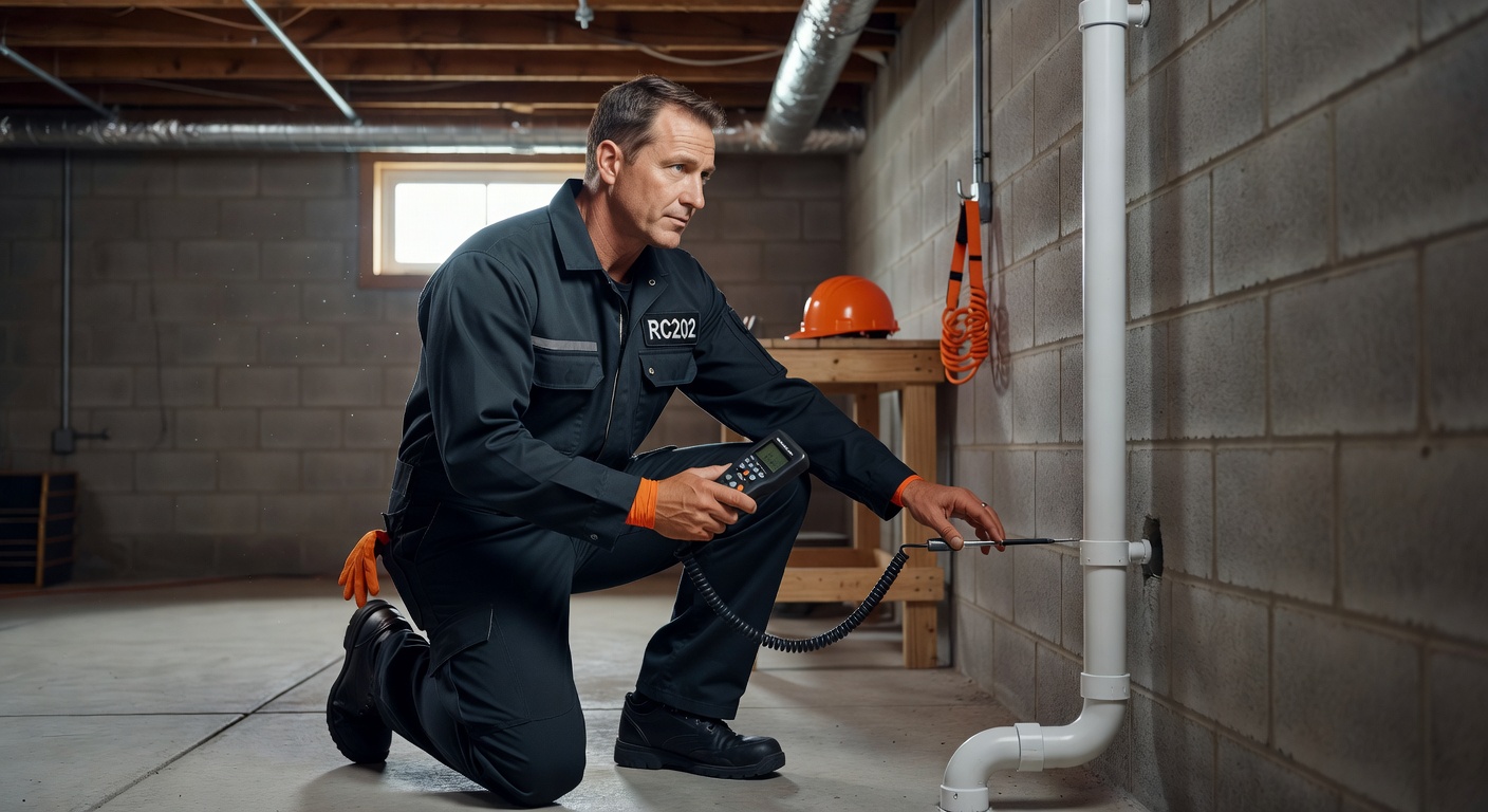 radon mitigation technician inspecting basement Ohio