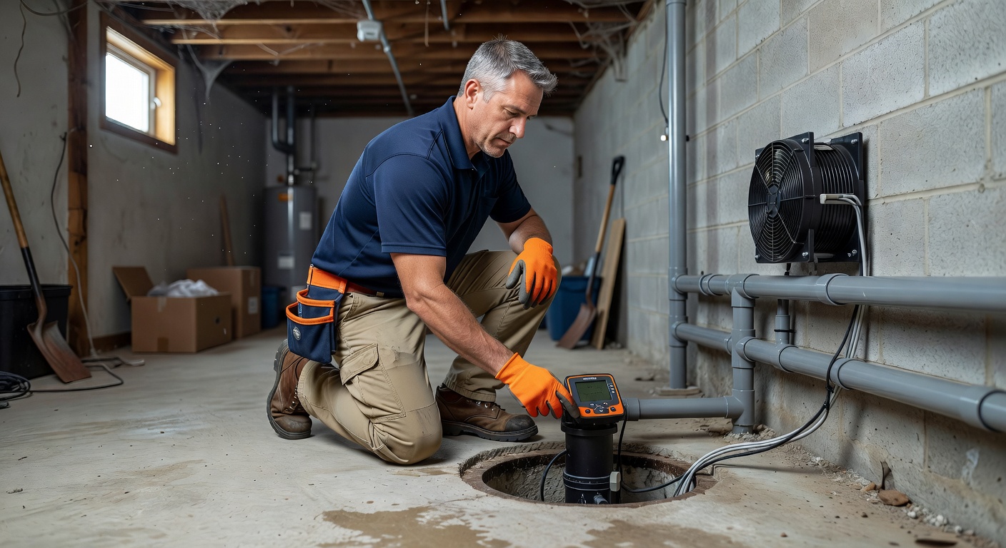 radon technician inspecting basement sump Independence Ohio