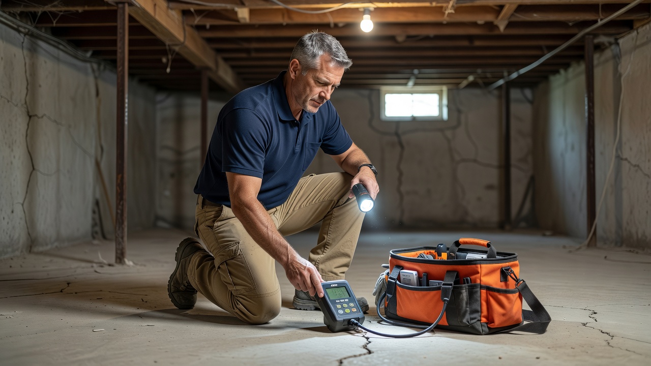 radon mitigation contractor inspecting basement Ohio