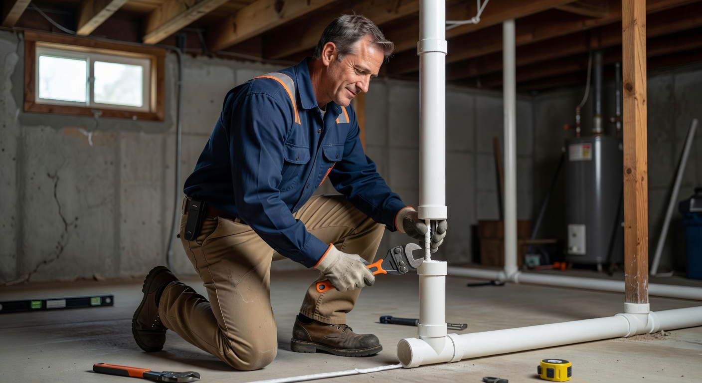 radon mitigation technician installing PVC pipe Ohio home