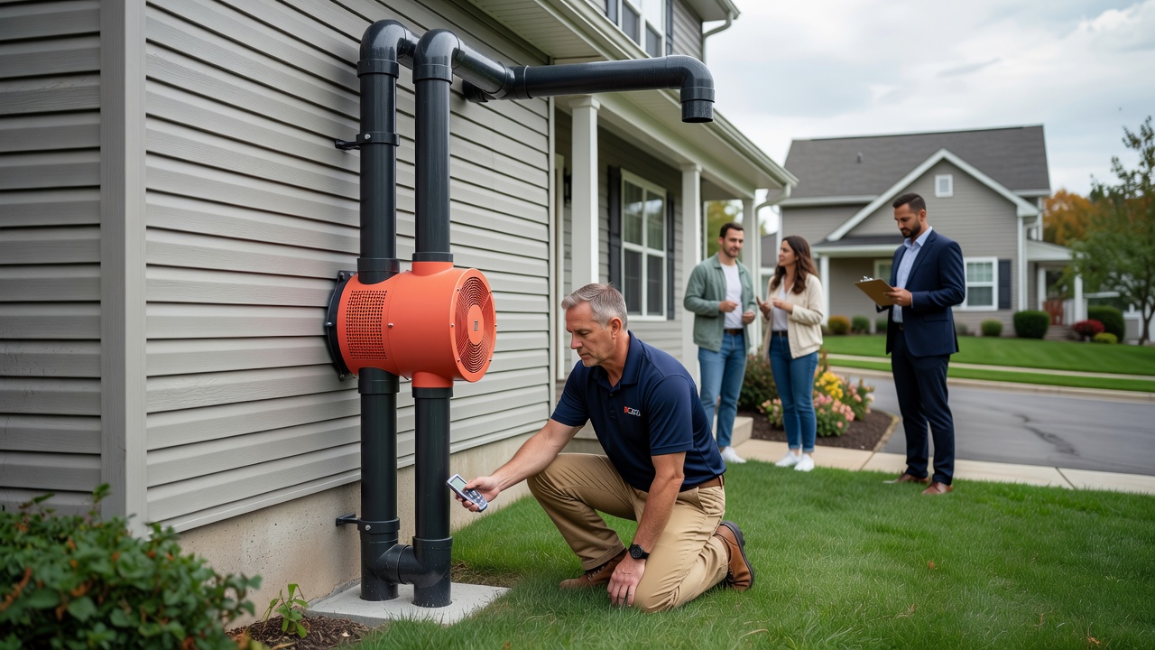 radon mitigation system pipe fan exterior residential home
