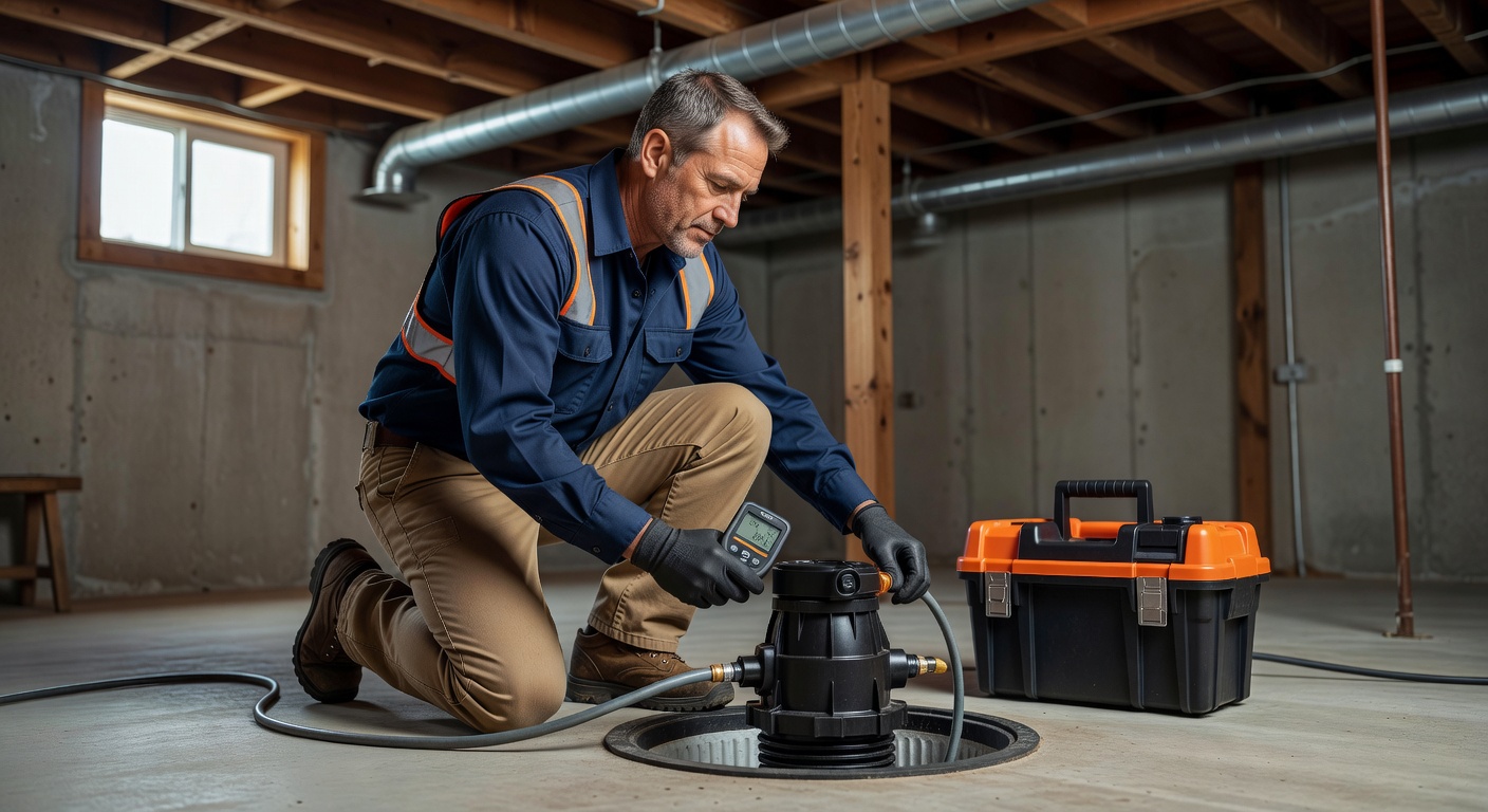 radon mitigation technician inspecting basement sump pump