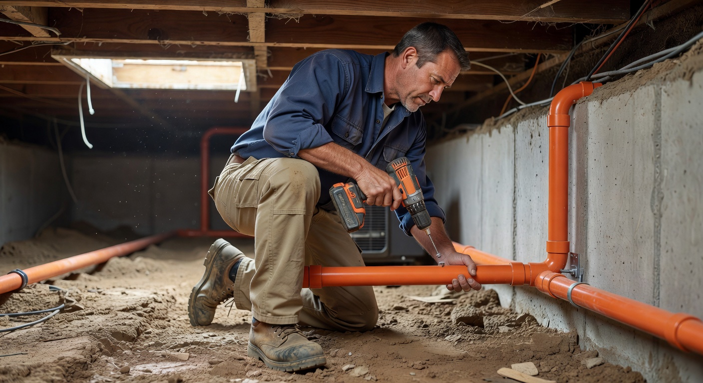 radon technician installing PVC pipe foundation Bowling Green Ohio