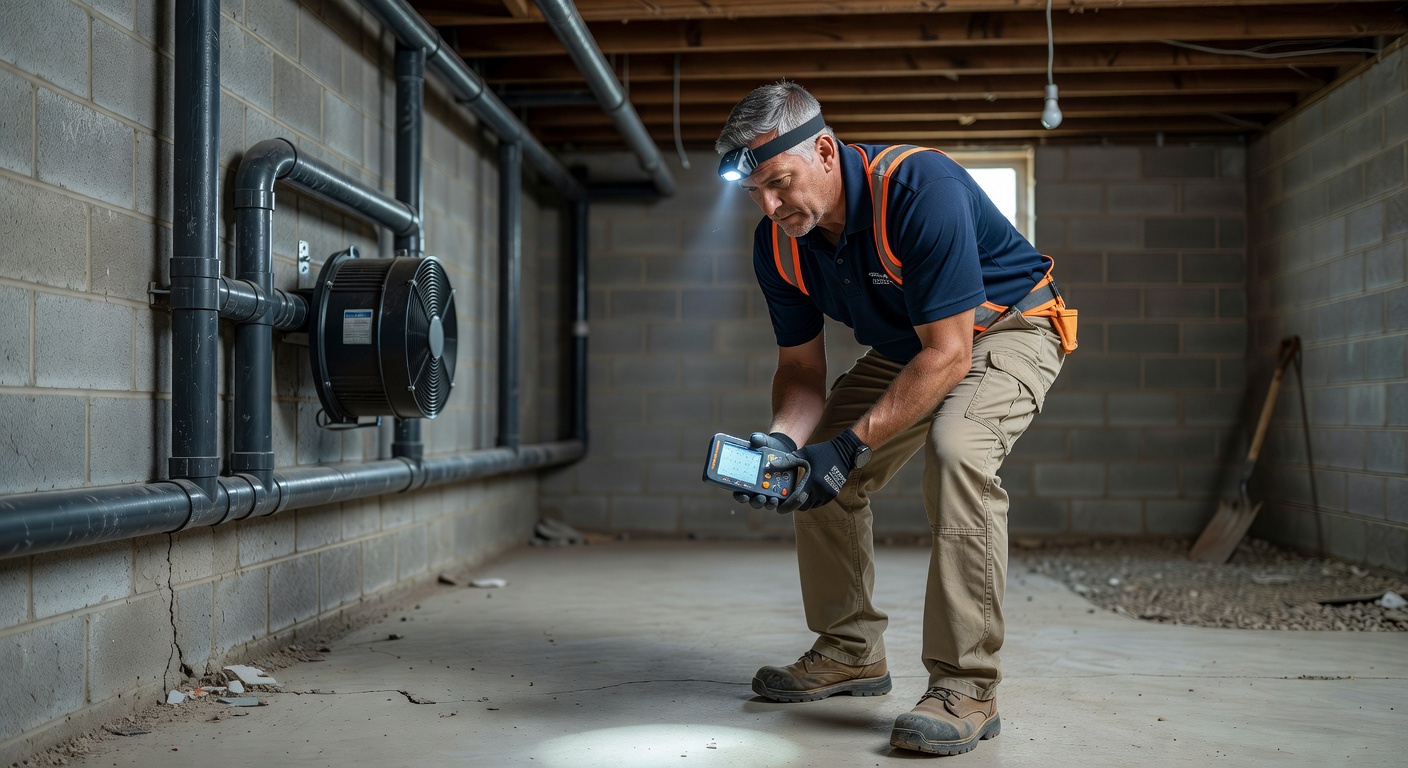 radon mitigation contractor inspecting basement Perrysburg Ohio