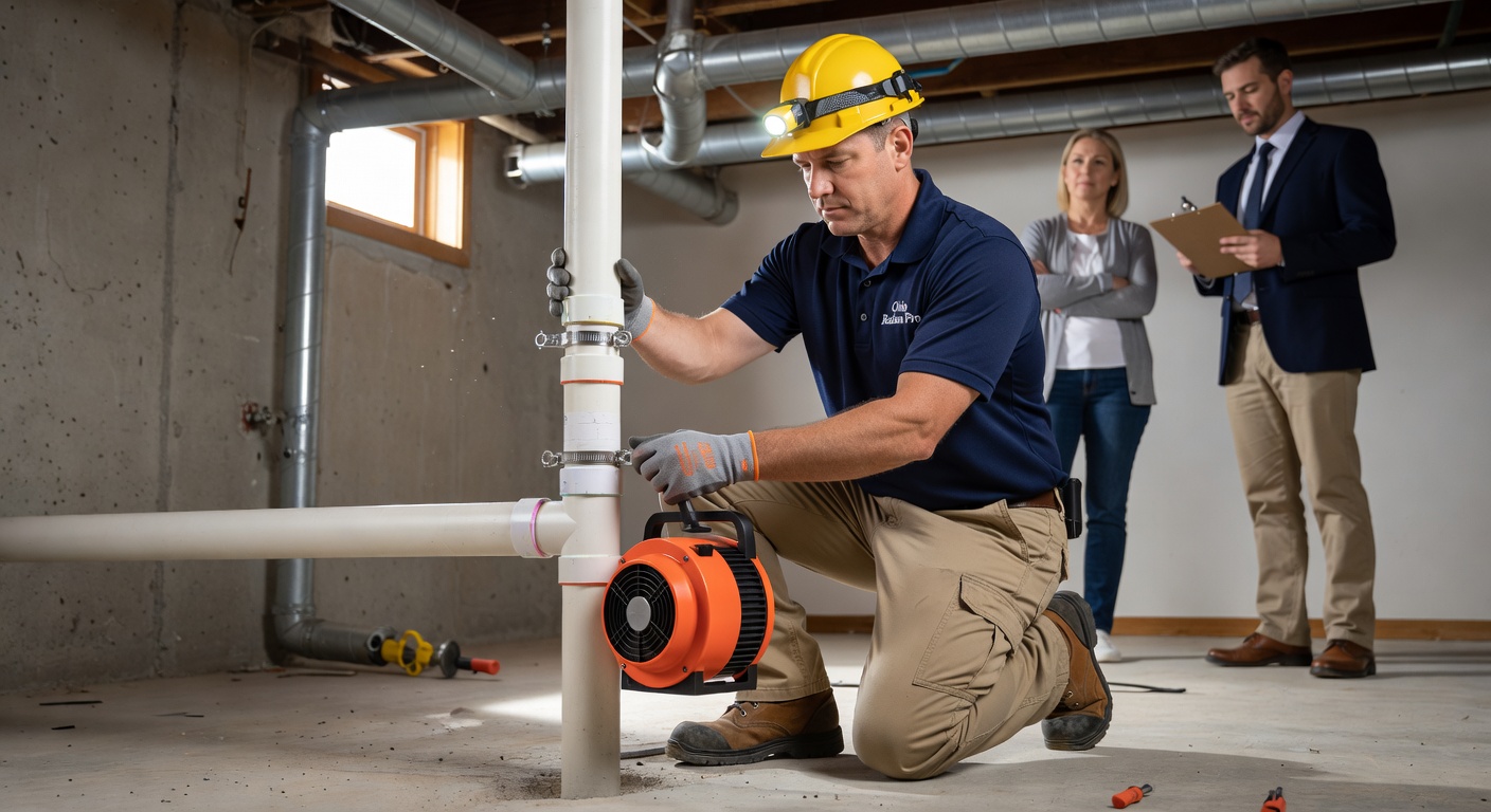 radon technician installing mitigation fan PVC pipe