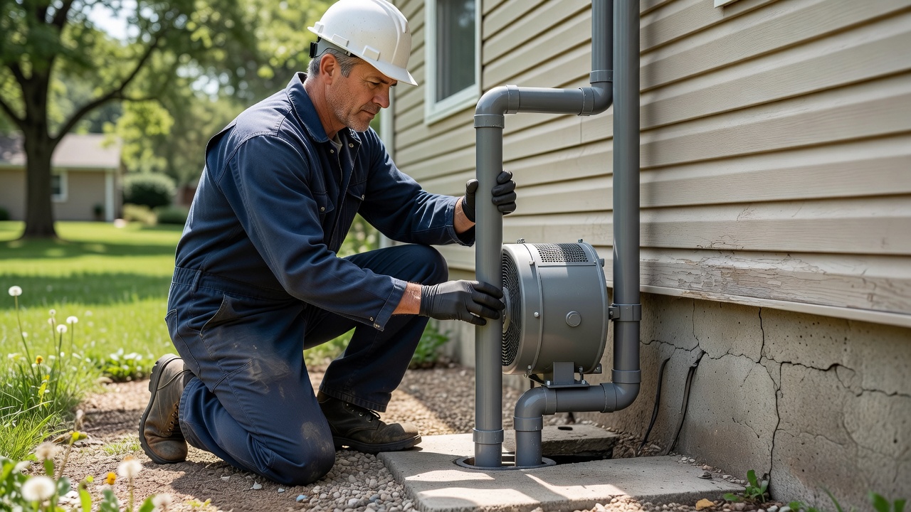 radon mitigation technician installing PVC pipe fan exterior