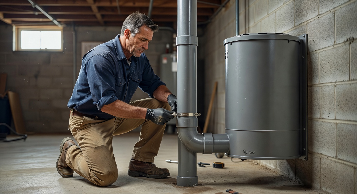 radon mitigation fan PVC pipe basement installation