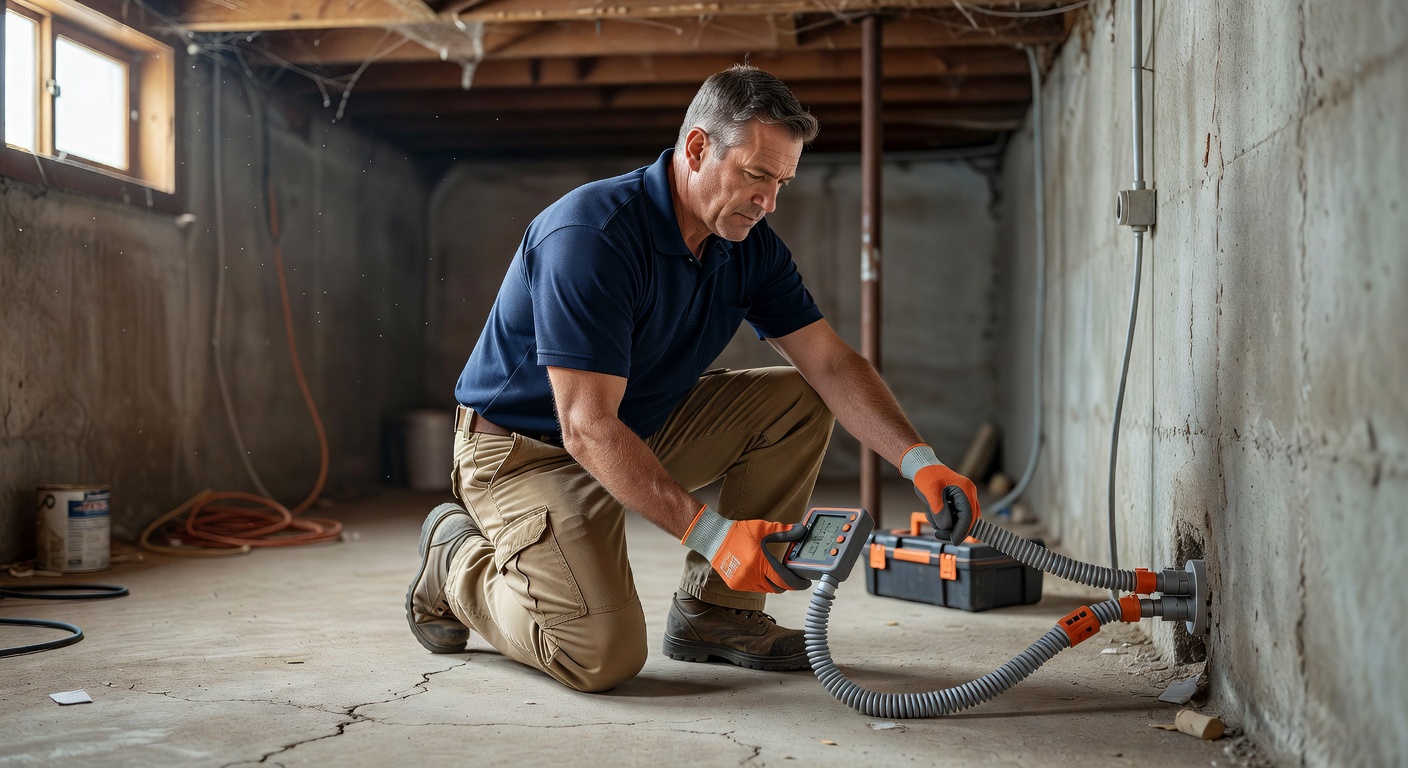 radon mitigation technician inspecting basement Ohio home