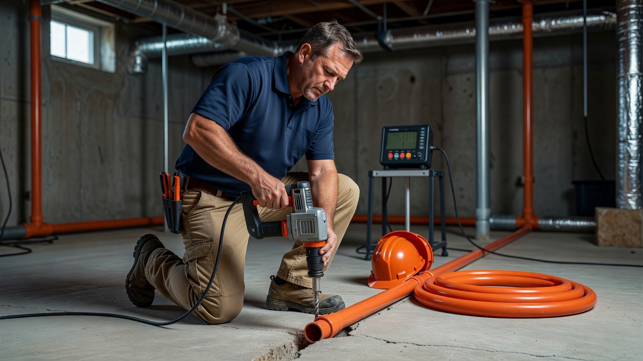 radon technician installing sub-slab depressurization system basement