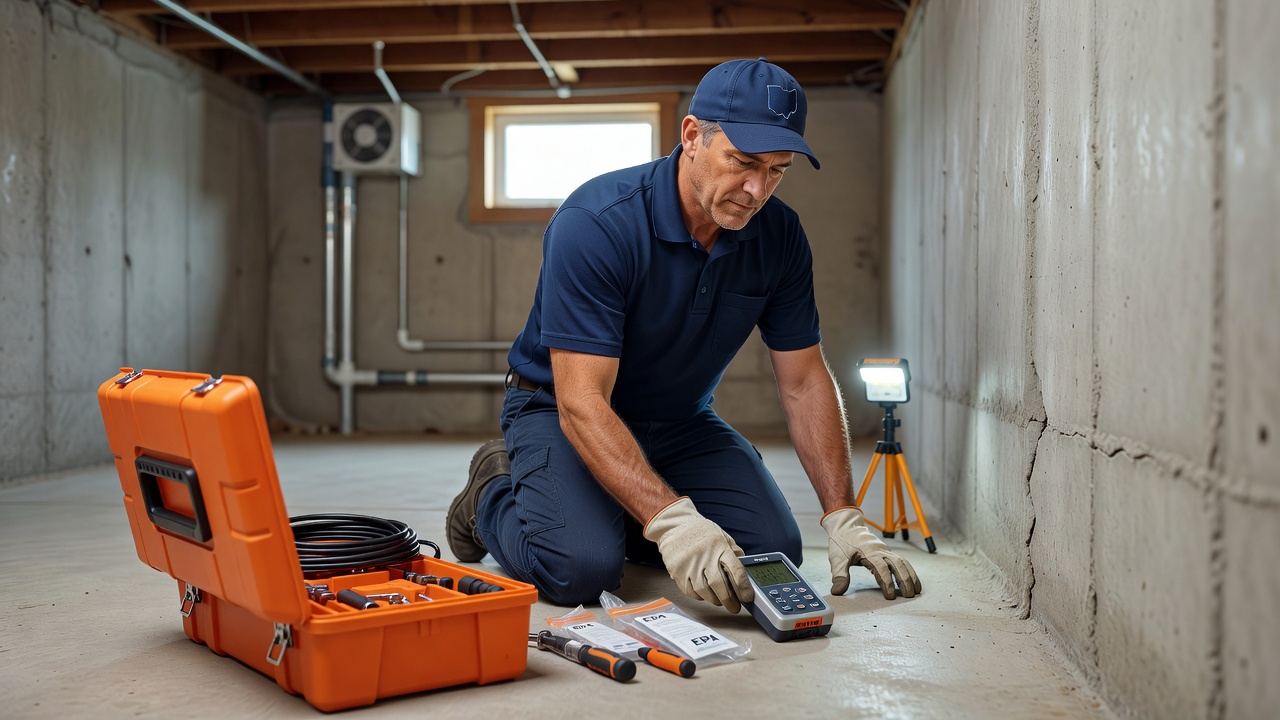 licensed radon mitigation professional inspecting Ohio home basement