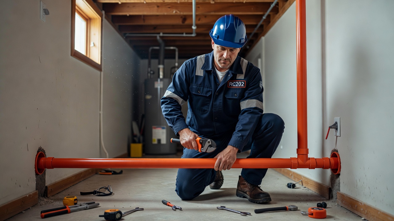 radon mitigation technician installing PVC pipe basement
