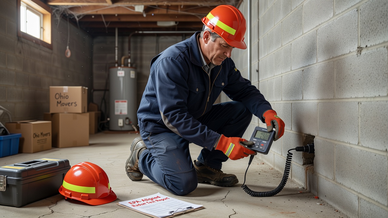 radon mitigation contractor inspecting basement Ohio home